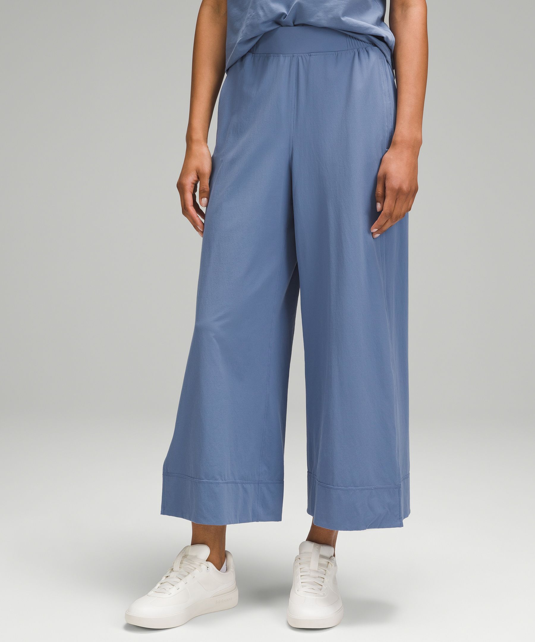 Stretch Woven High-Rise Wide-Leg Cropped Pant - Blue