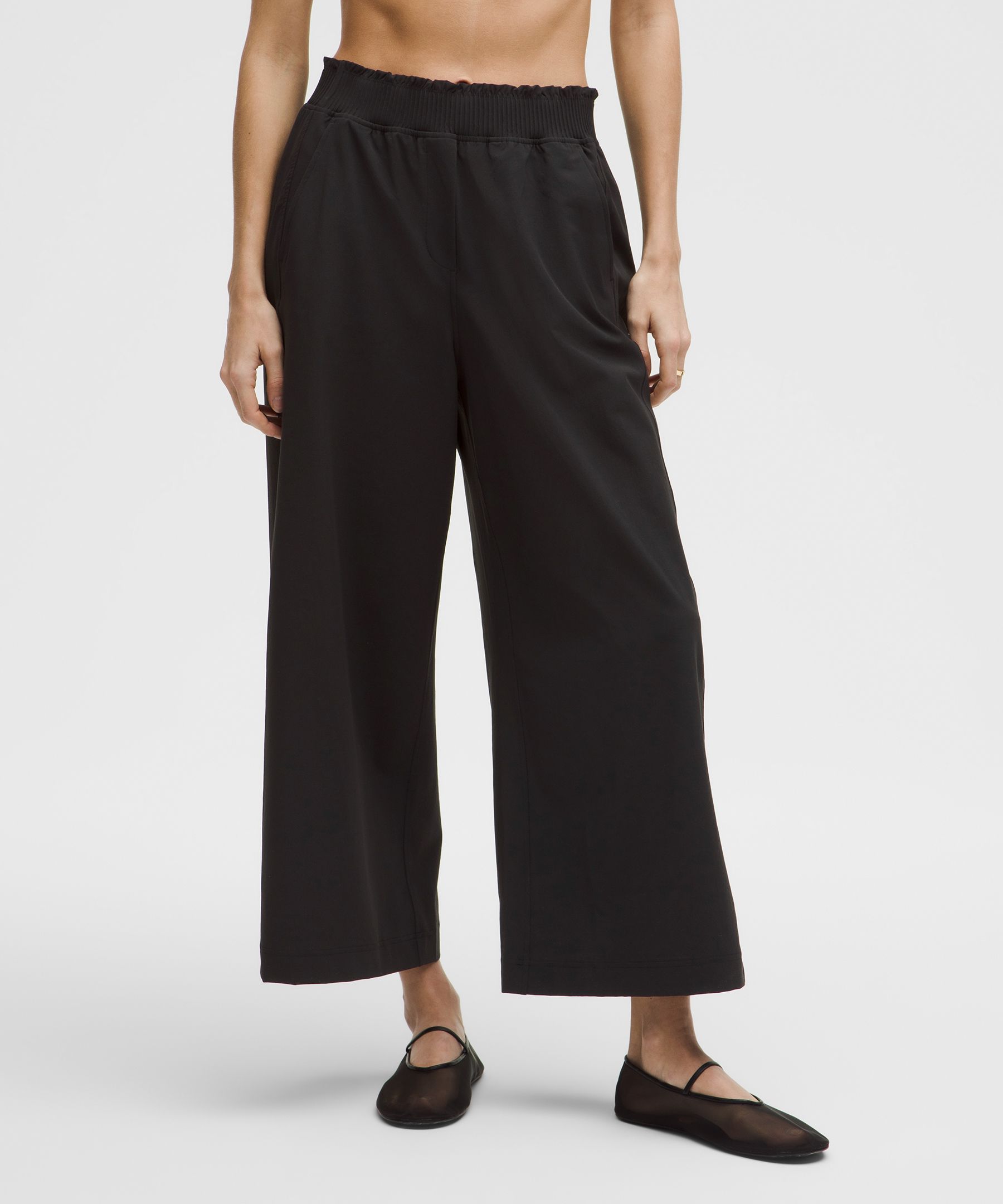 Stretch Woven Ruffle-Waist Wide-Leg Cropped Pant