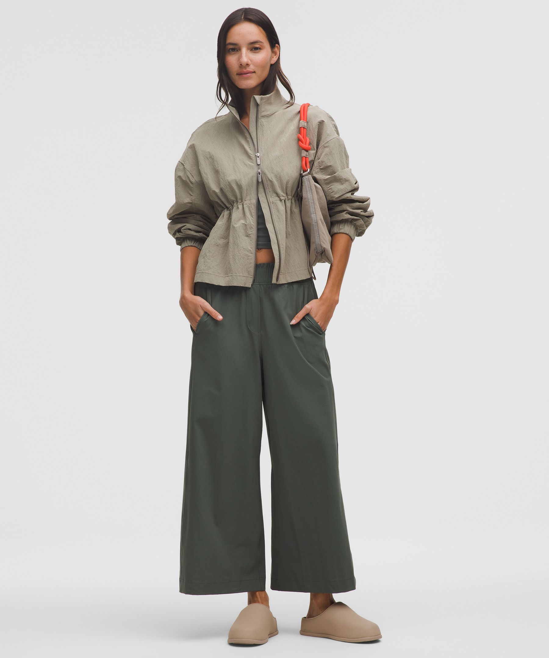 Stretch Woven Ruffle-Waist Wide-Leg Cropped Pant