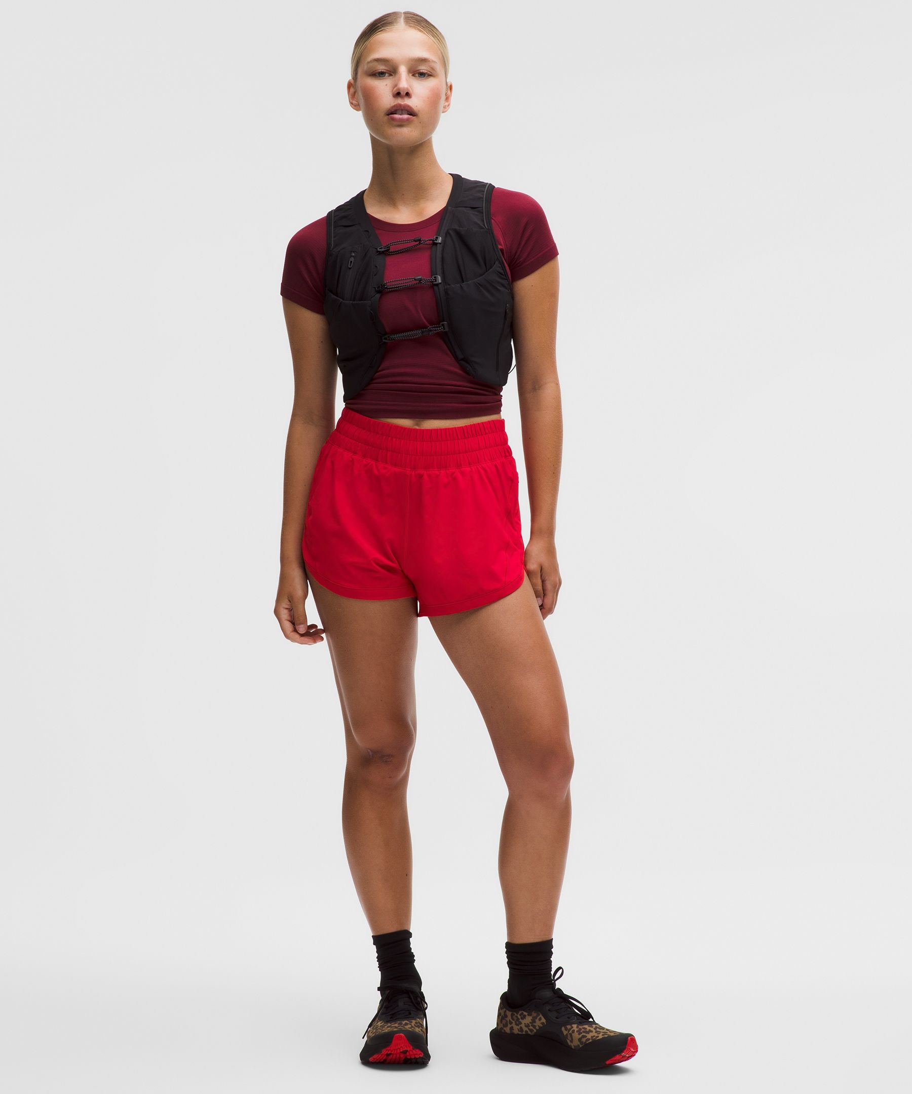 lululemon – Women’s Track That High-Rise Lined Shorts – 3″ – Color Red/Neon – Size 8