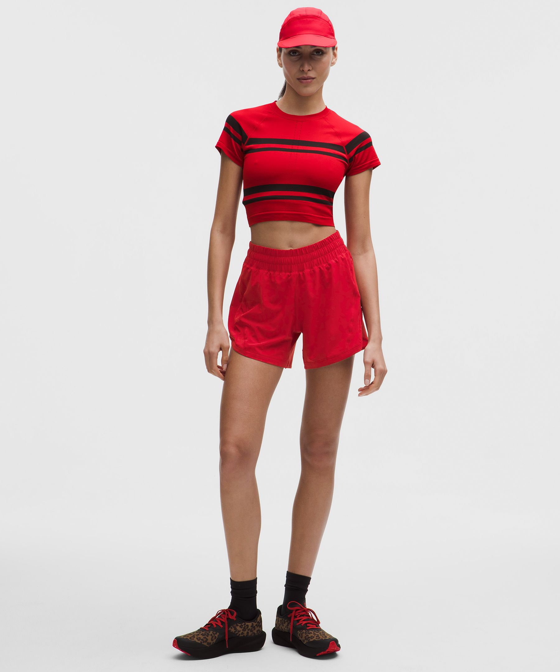 lululemon – Women’s Track That High-Rise Lined Shorts – 5″ – Color Red/Neon – Size 18