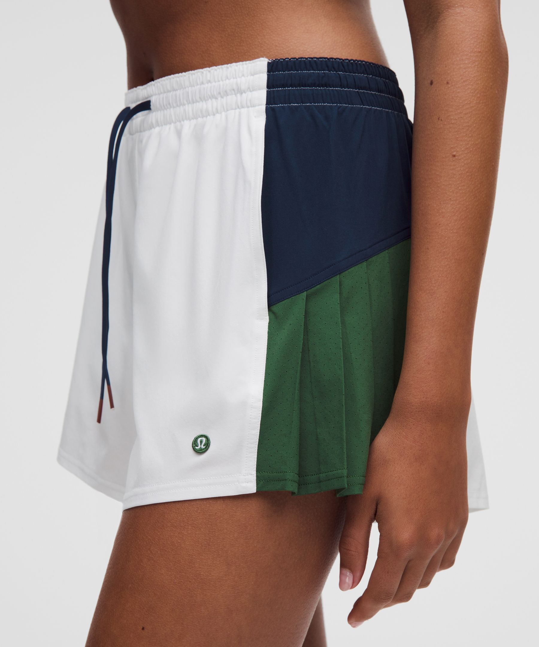 lululemon – Women’s Court Champ Side-Pleat High-Rise Tennis Shorts – 3″ – Color White/Blue/Green – Size Small