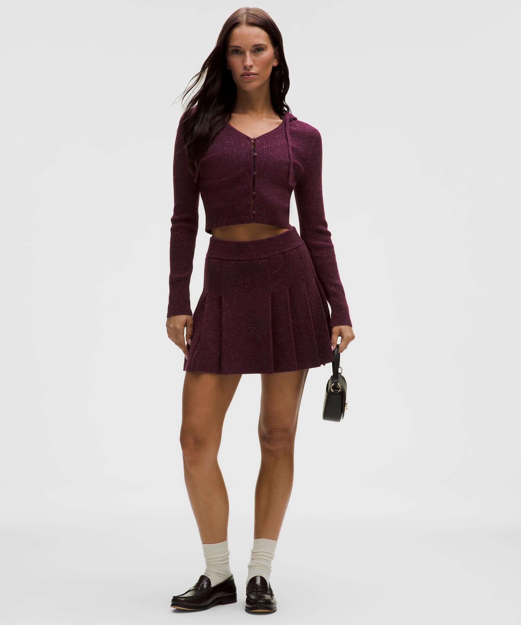 Ribbed Merino Wool Mid-Rise Pleated Skirt