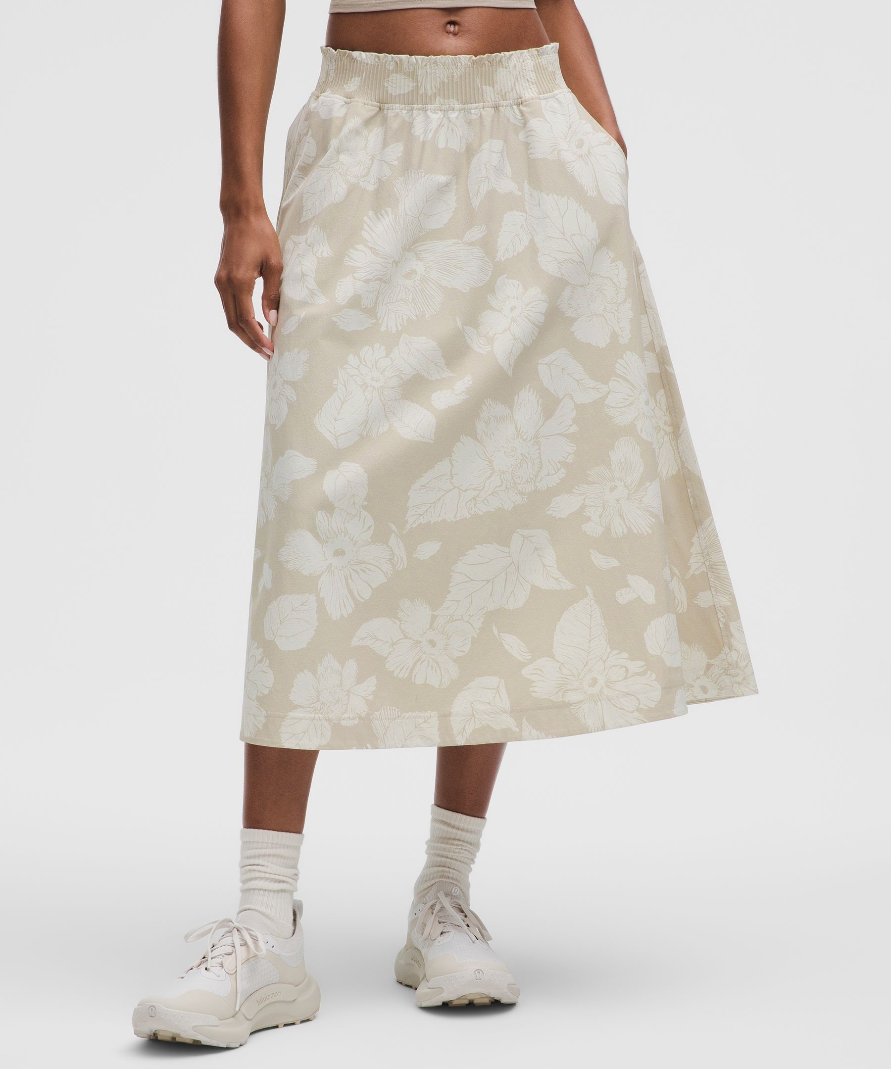 Stretch Woven Ruffle-Waist Midi Skirt | Women's Skirts