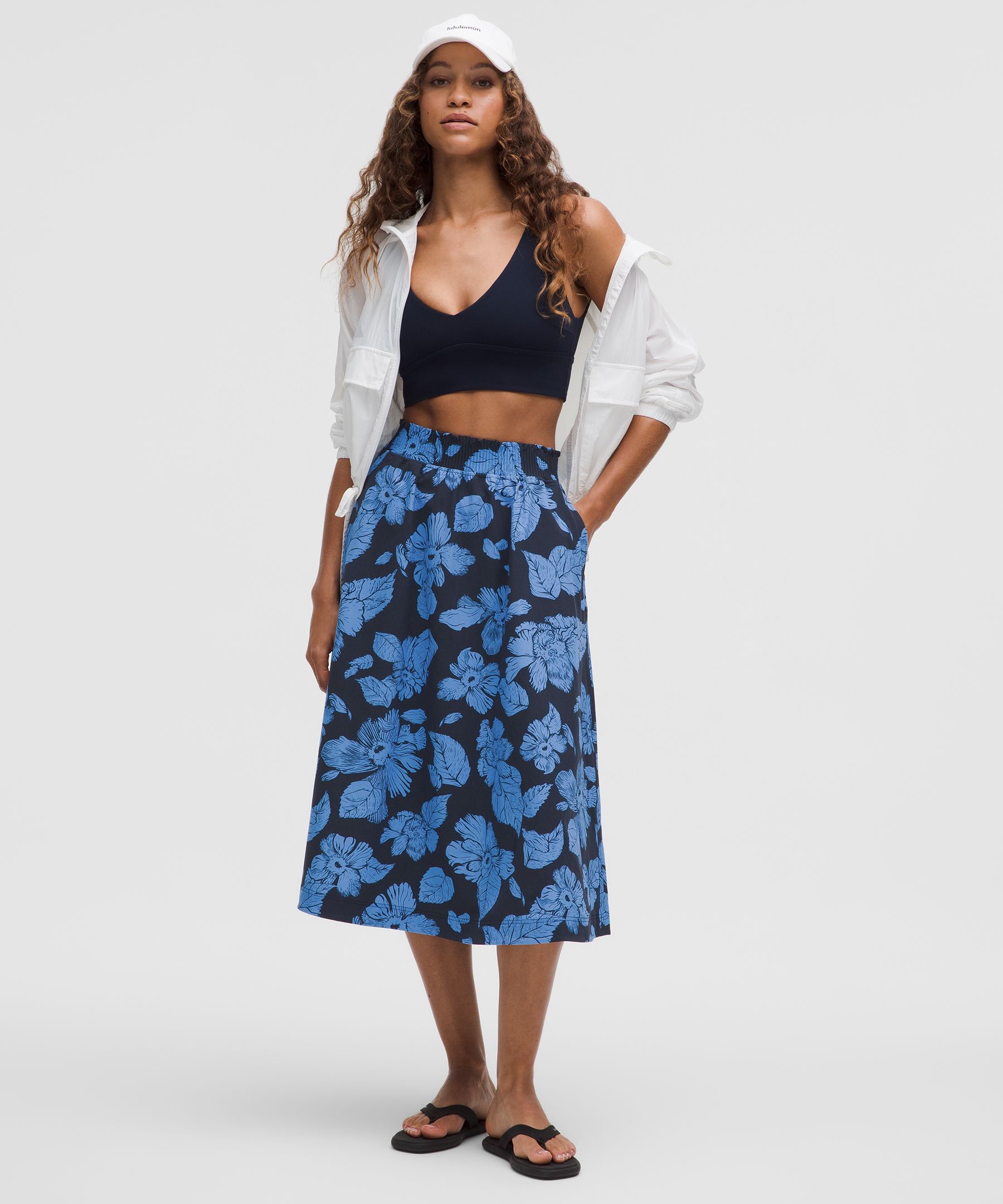 Stretch Woven Ruffle-Waist Midi Skirt | Women's Skirts
