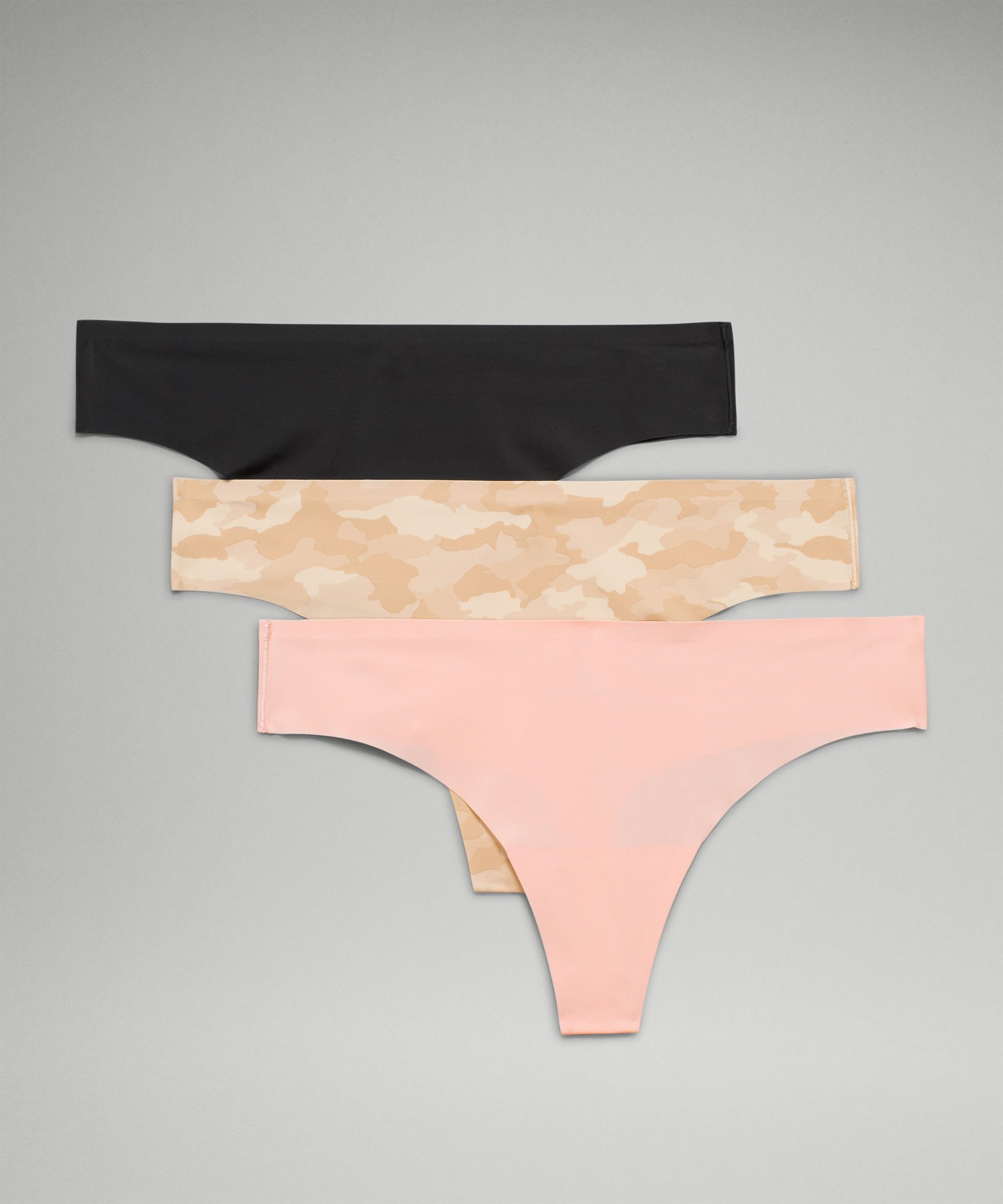 Lululemon Invisiwear Mid-rise Thong Underwear 3 Pack In Heritage 365 Camo Mini Rotated Pecan Tan /pink Mist/black