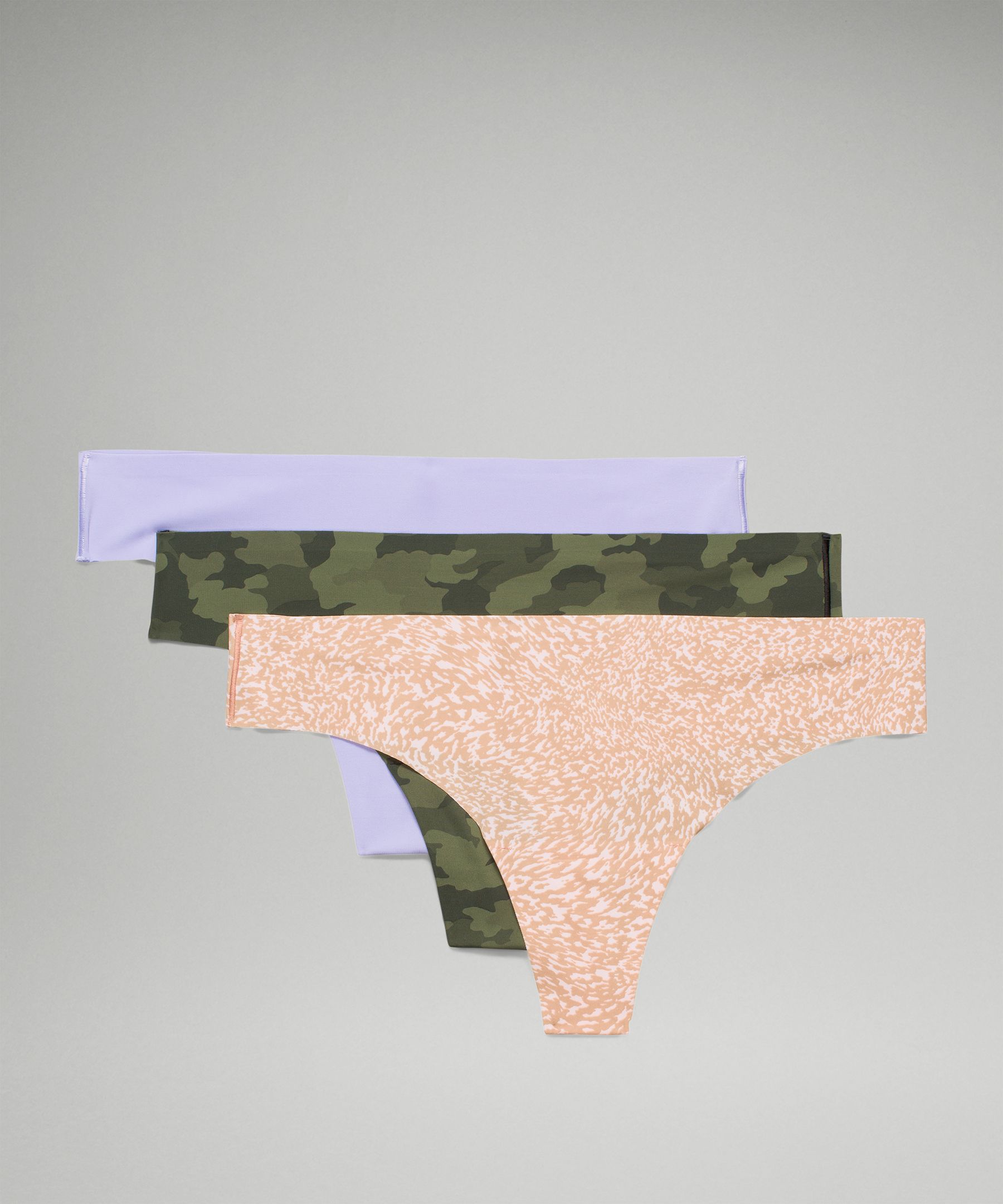 Lululemon Invisiwear Mid-rise Thong Underwear 3 Pack In Lilac Smoke/heritage 365 Camo Mini Medium Olive /warped Grain Strawberry Milkshake Pink Clay