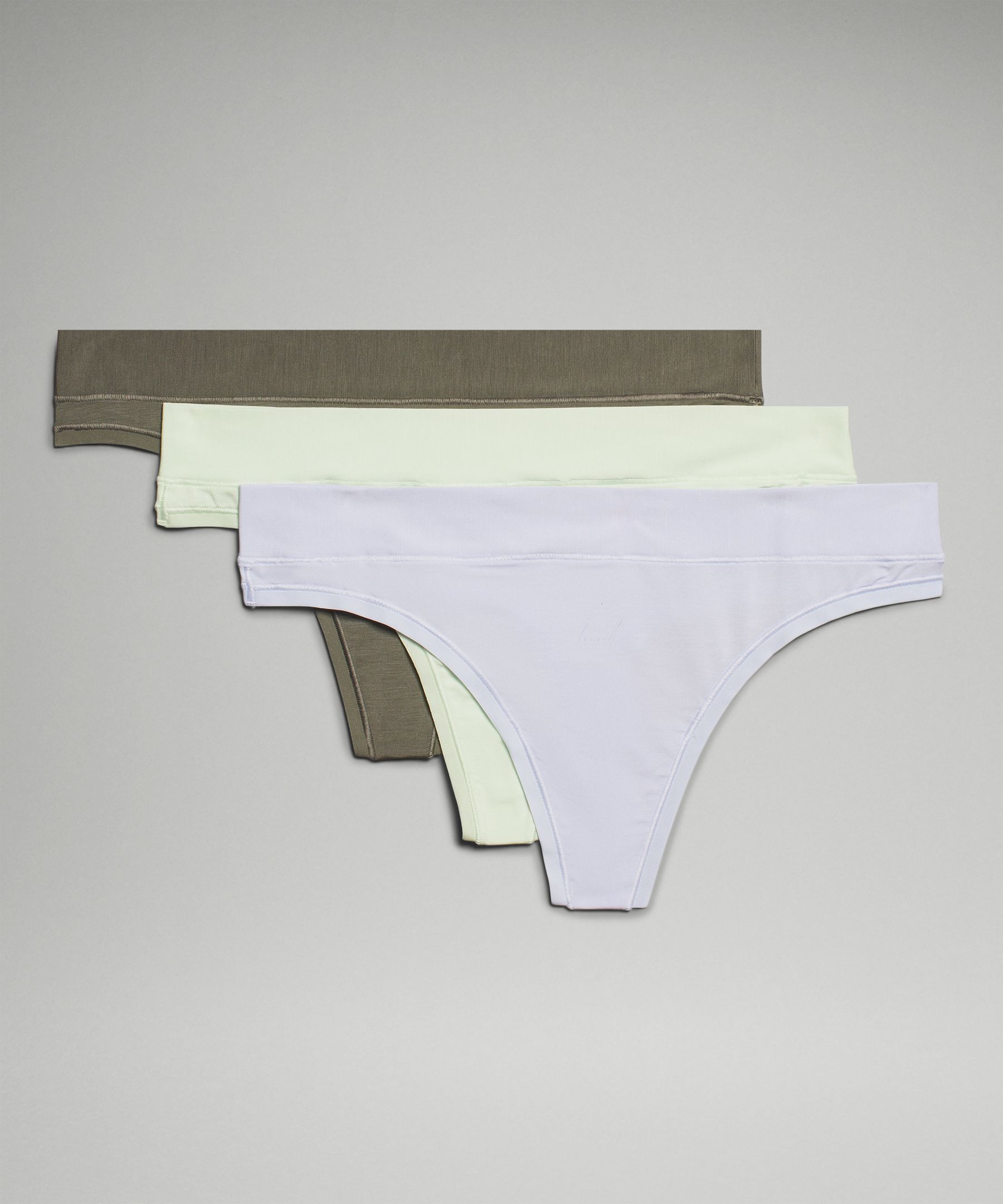 Lululemon Underease Mid-rise Thong Underwear 3 Pack In Lilac Smoke/heritage  365 Camo Mini Green Twill /warped Grain Strawberry Milkshake Pink Clay