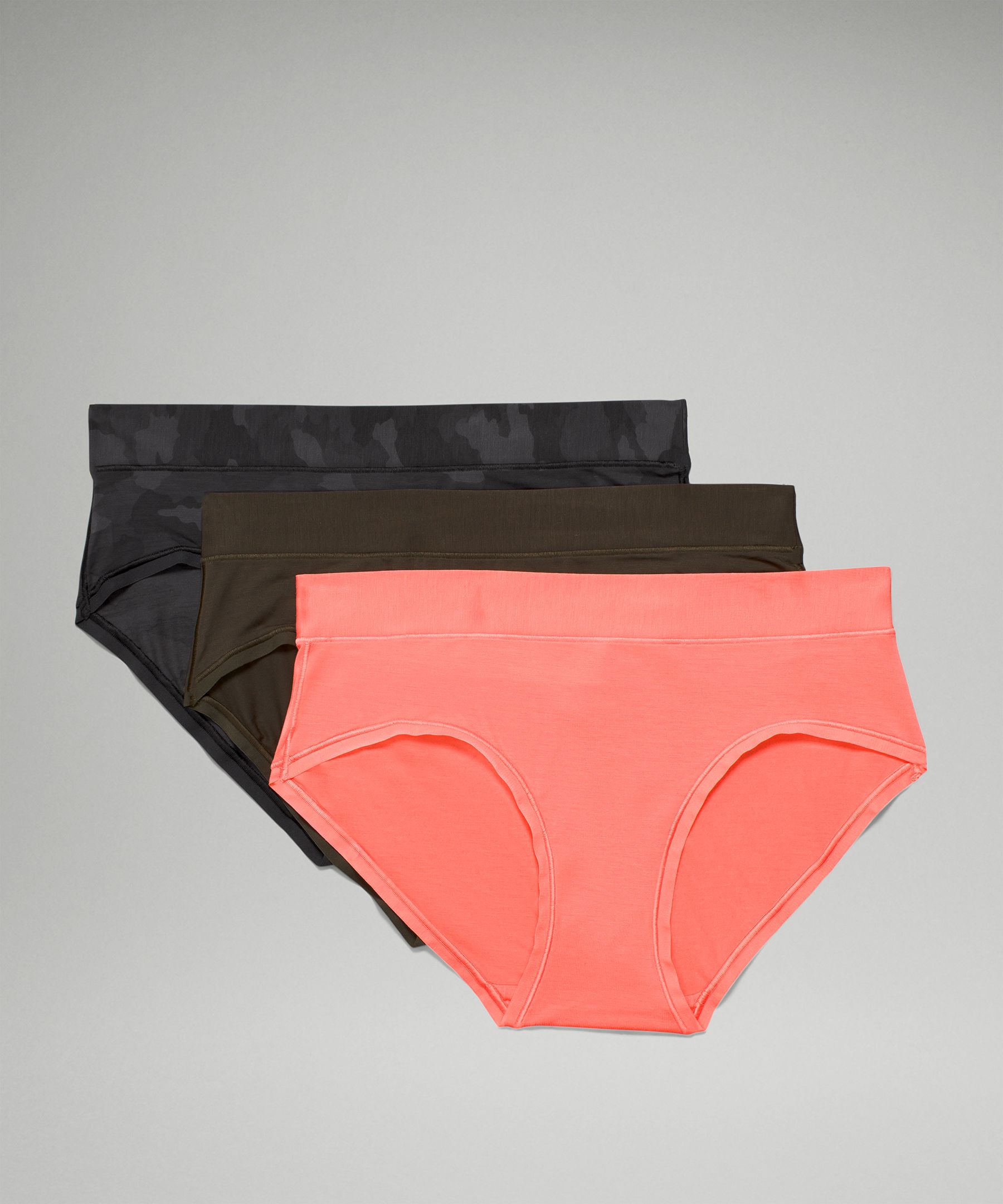 Lululemon Underease Mid-rise Bikini Underwear 3 Pack In Raspberry Cream/dark Olive/heritage 365 Camo Mini Deep Coal