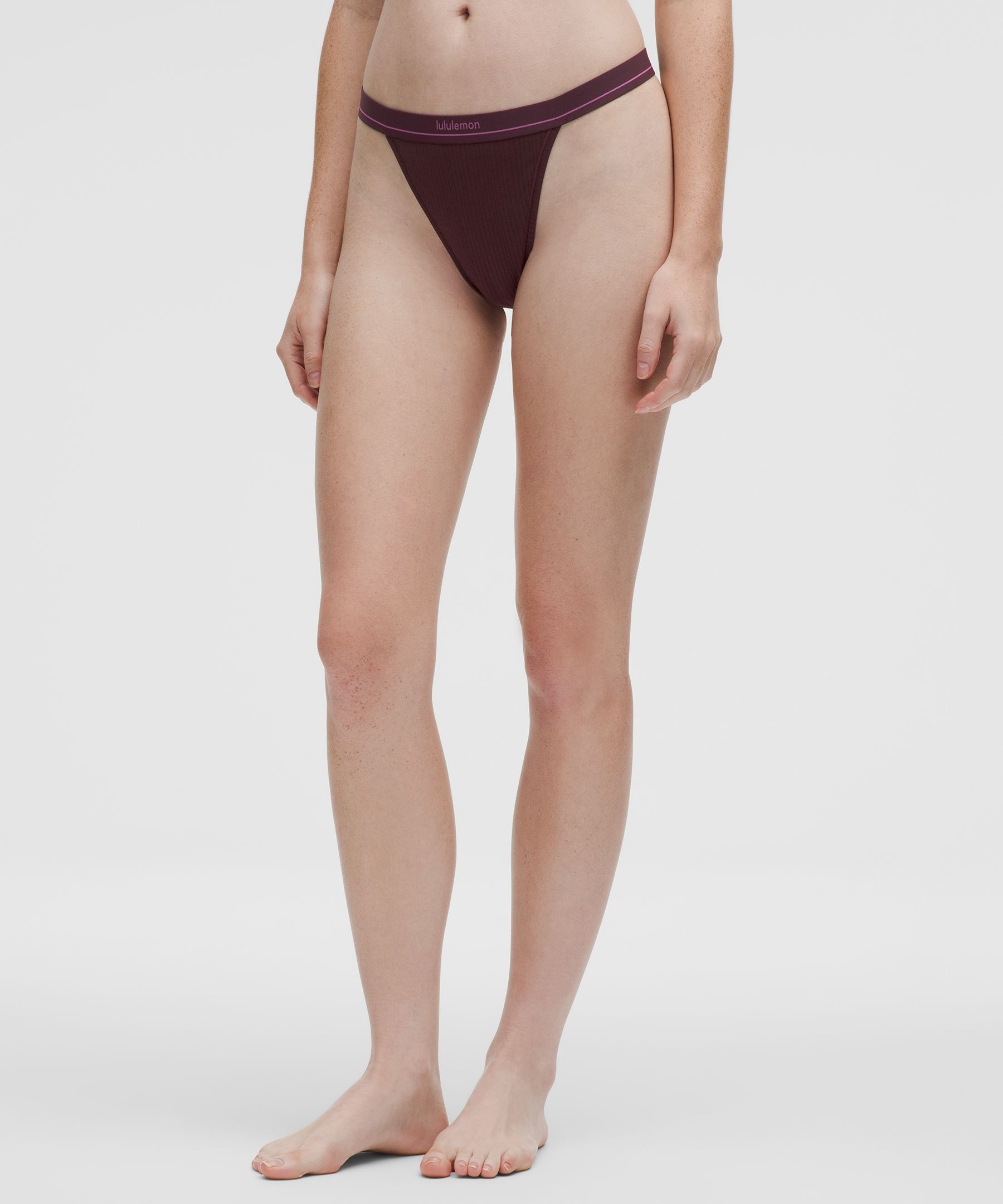 Lululemon Stretch Cotton Ribbed Logo High-rise Thong Underwear In Burgundy