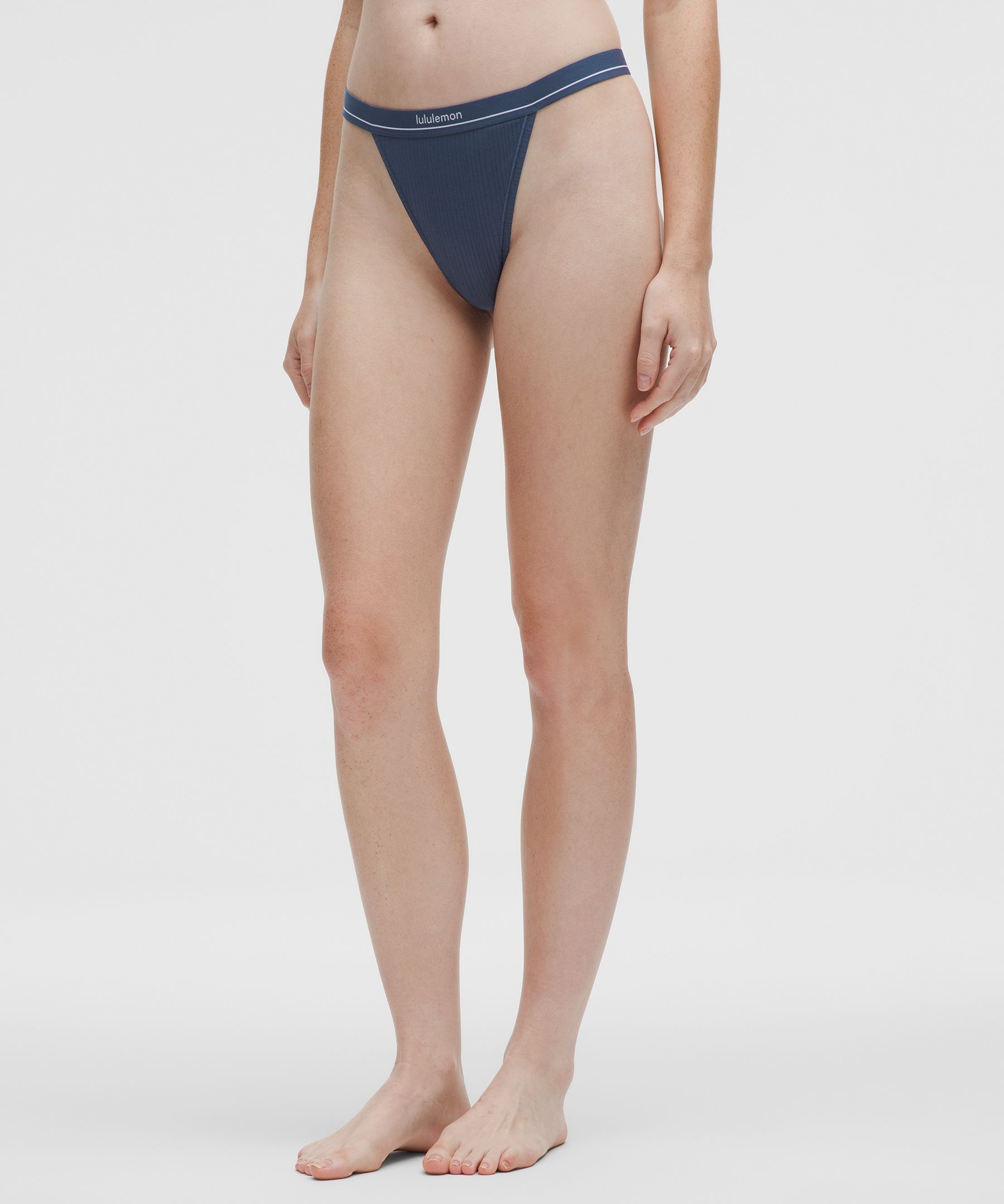 Lululemon Stretch Cotton Ribbed Logo High-rise Thong Underwear In Blue