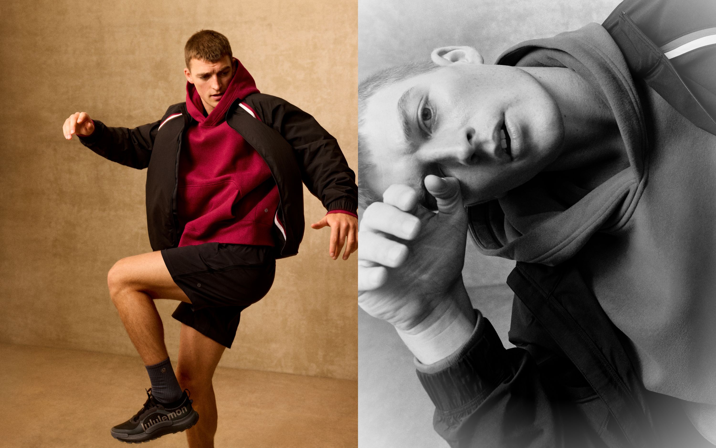 Split image. Left: A person wears the latest lululemon gear. Right: Close-up portrait of the look. 