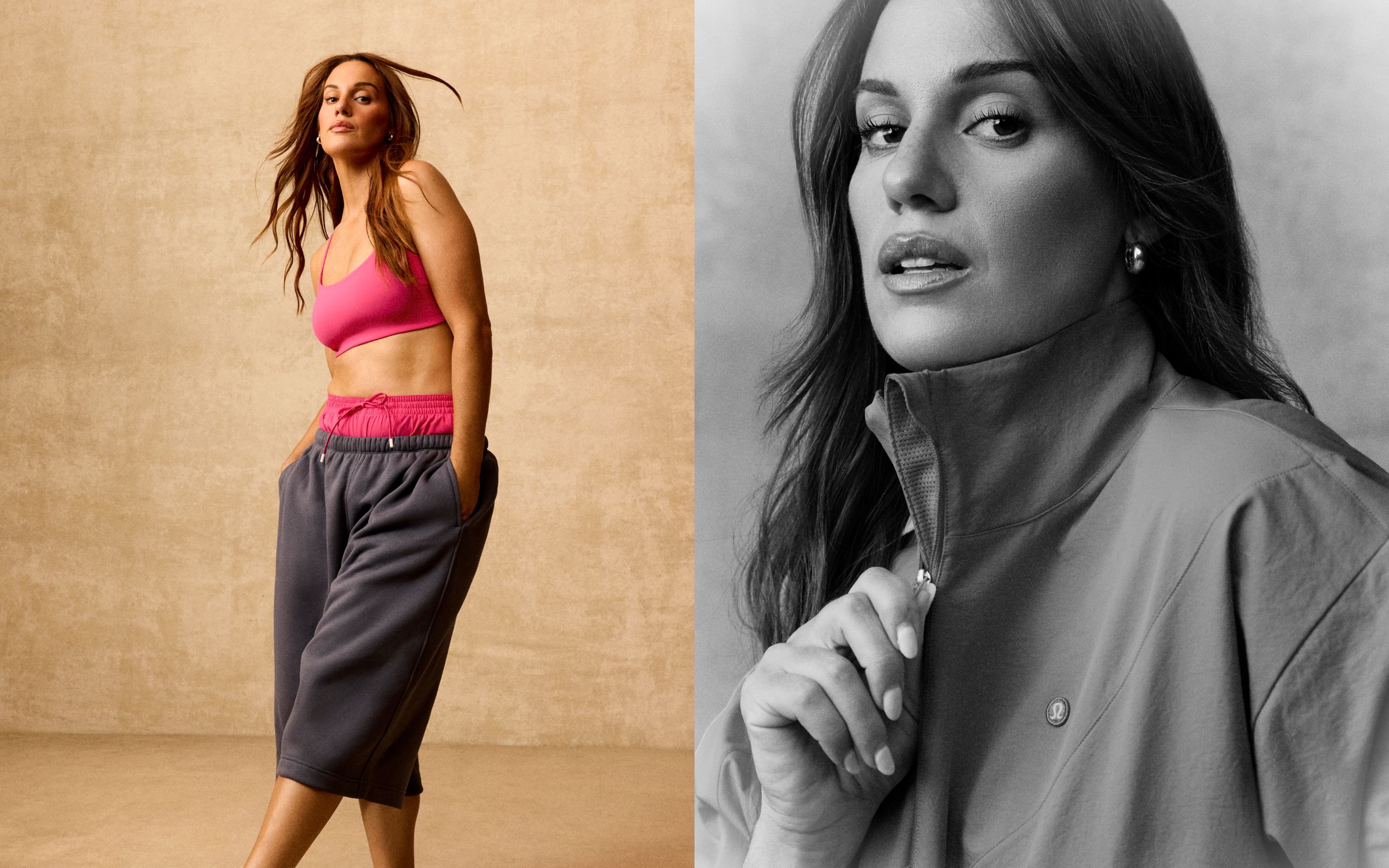 Split image: Former D1 Tennis Player, Comedian, and lululemon Ambassador wears the newest lululemon gear, shown in full-length and close-up portraits.