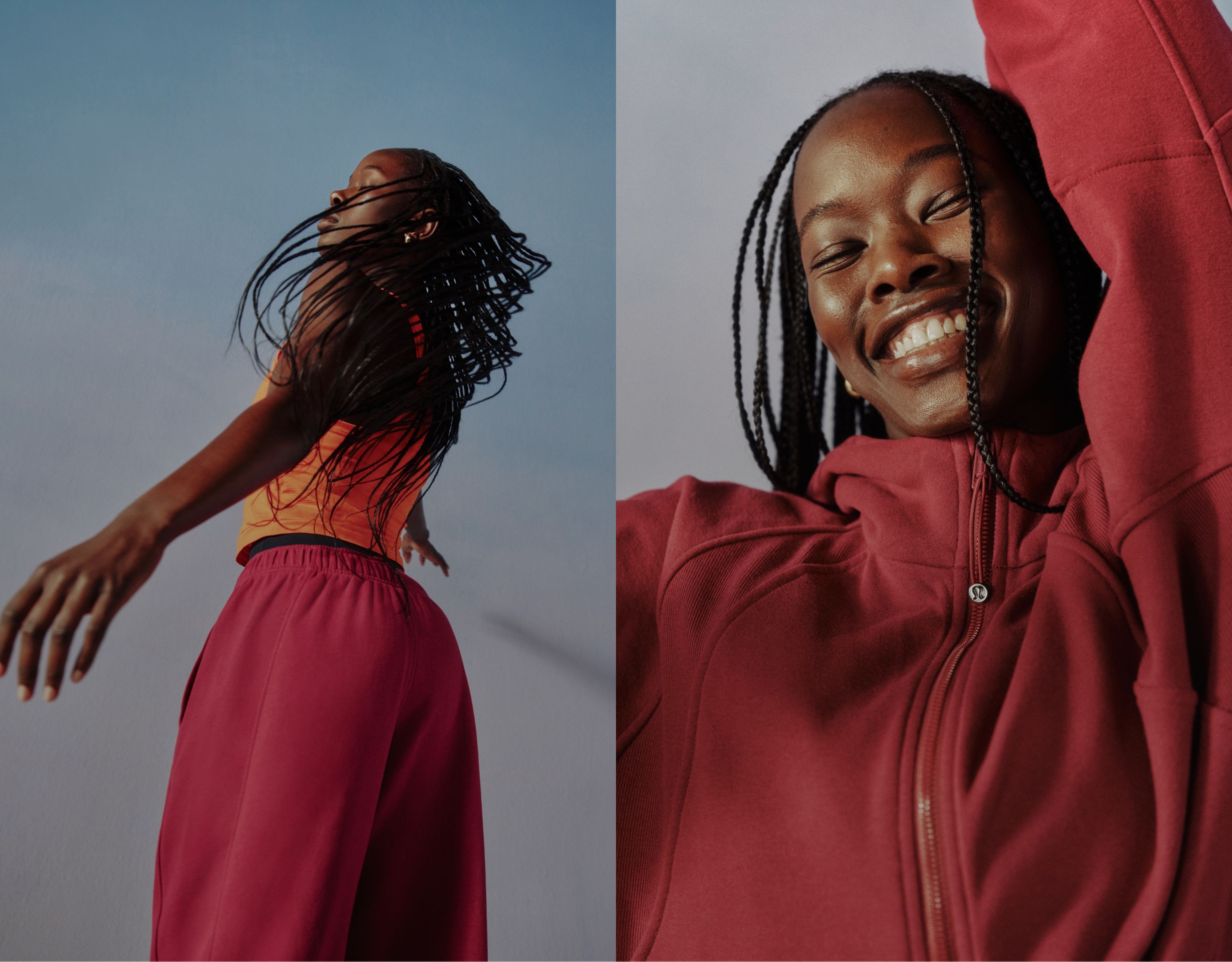 A split image of a person wearing the new Scuba Evolve Straight Leg Pant and Half-Zip Hoodie in Raspberry Rave. They are spinning with their arms wide in the first image and raising their arm while smiling widely in the second image. 