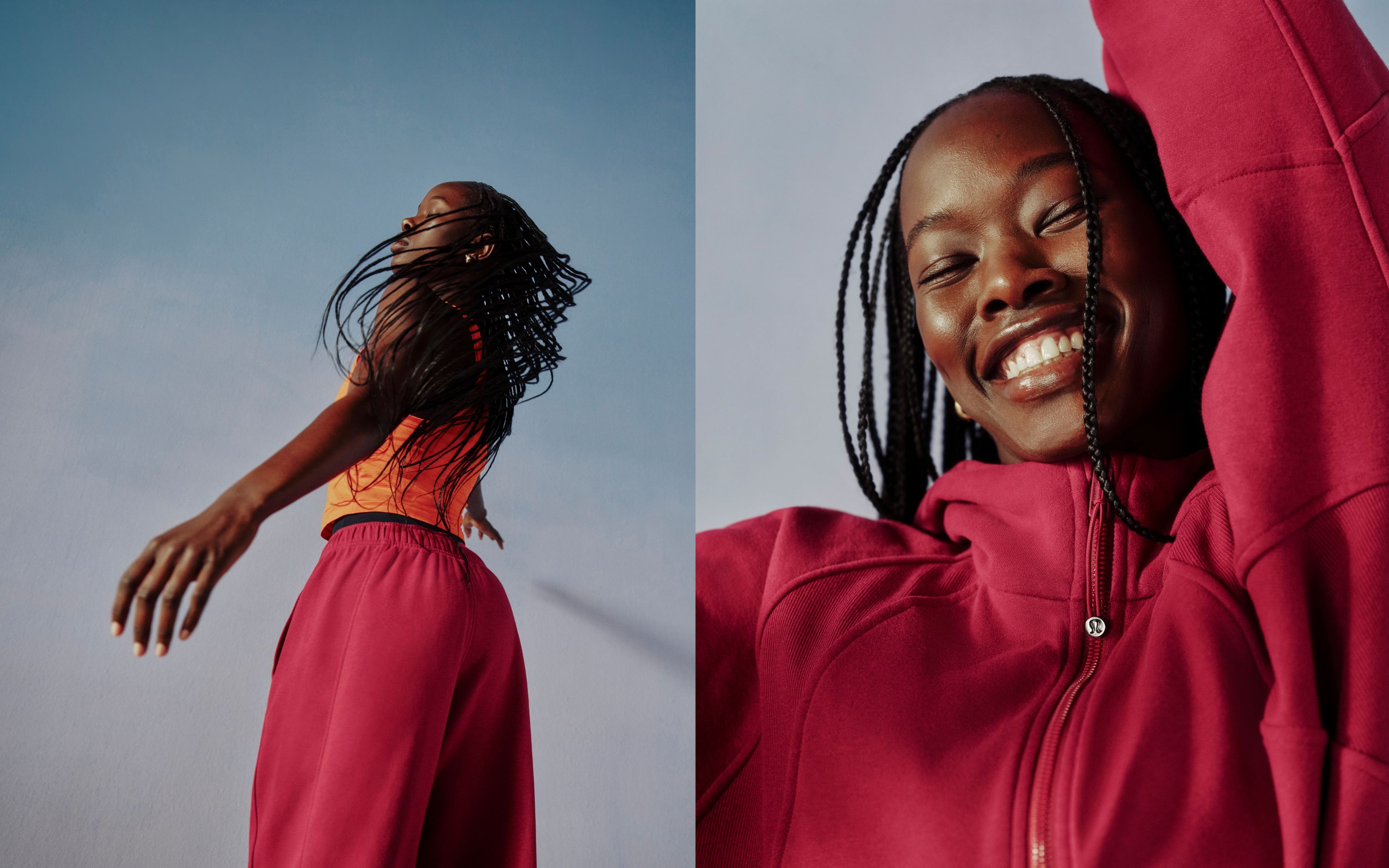 A split image of a person wearing the new Scuba Evolve Straight Leg Pant and Half-Zip Hoodie in Raspberry Rave. They are spinning with their arms wide in the first image and raising their arm while smiling widely in the second image.