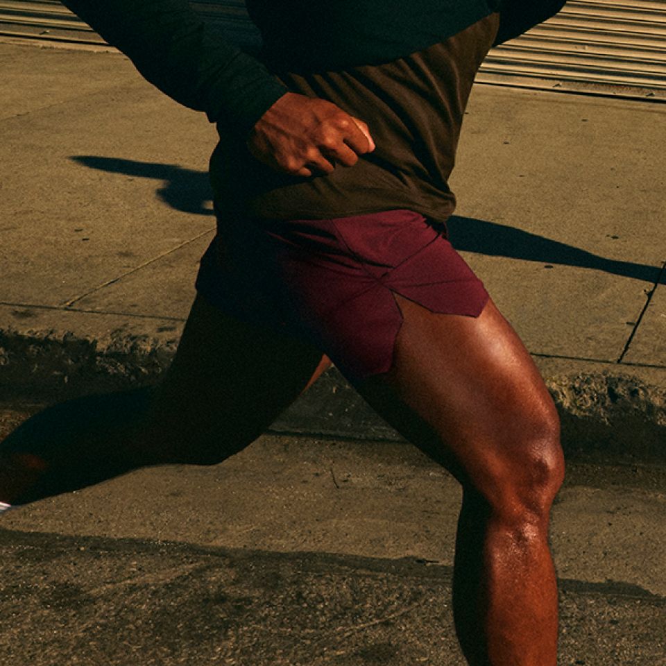 A shot of the legs of a person running in lululemon clothes.