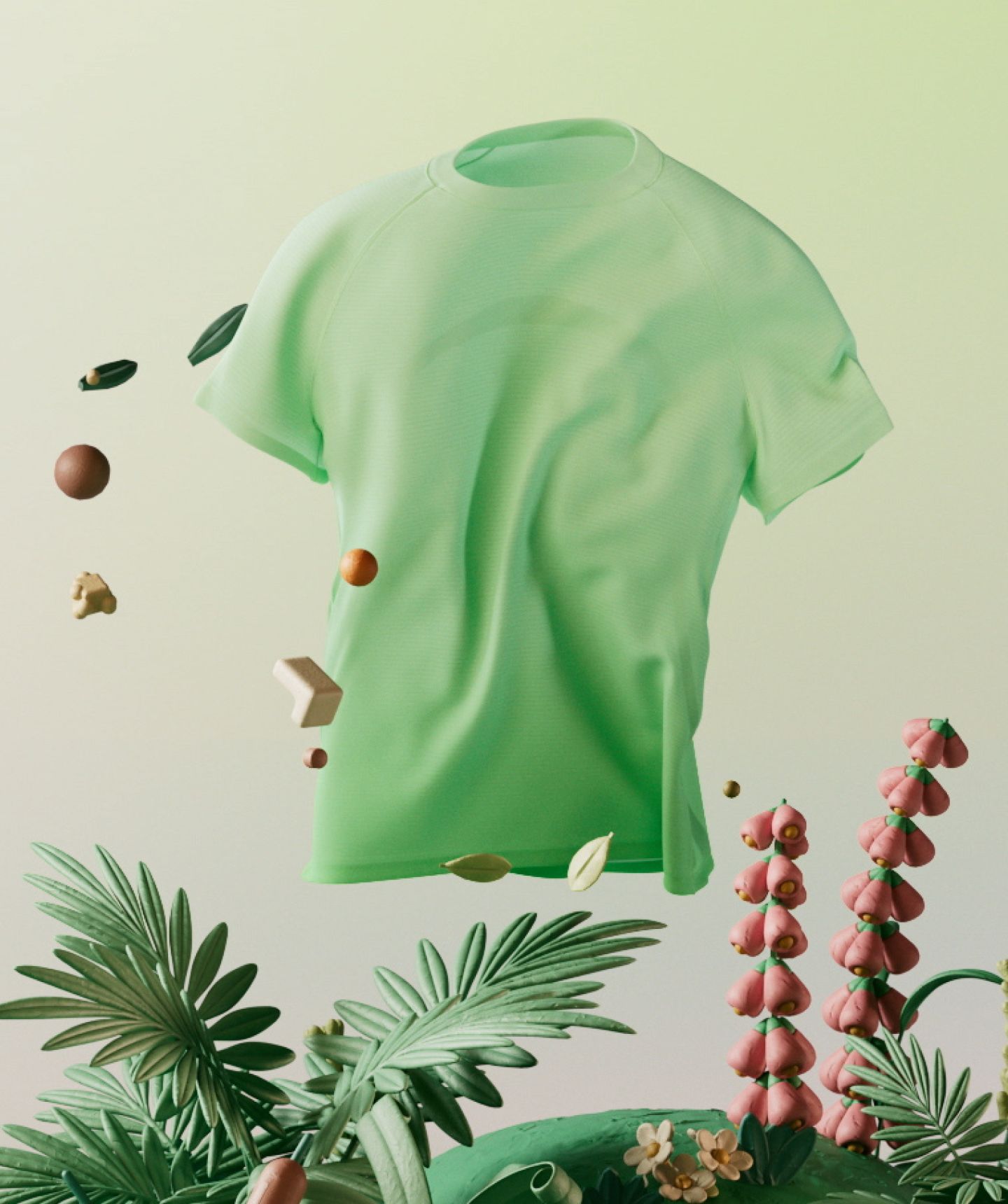 A green lululemon shirt hangs above animated plants.
