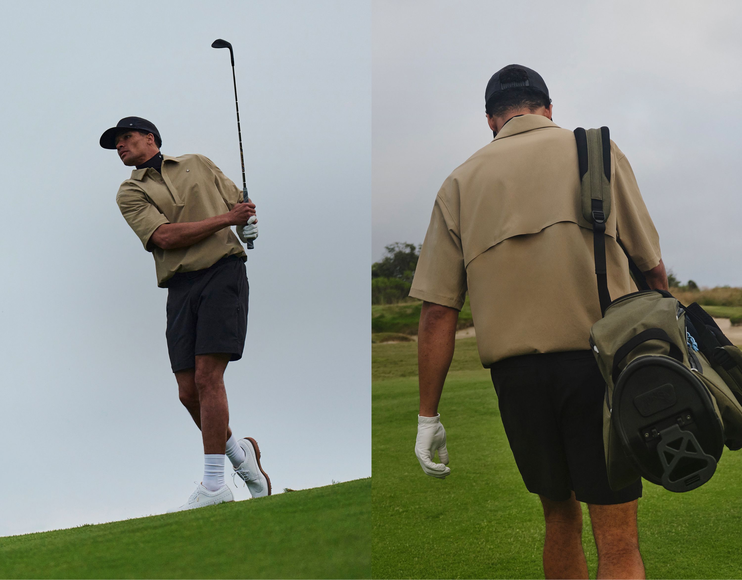 Split image. Left: A golfer is seen mid-swing on the range, wearing the    ABC Golf Short and Water-Repellent Golf Pullover. Right: A golfer walks on the course with their golf bag over one shoulder.