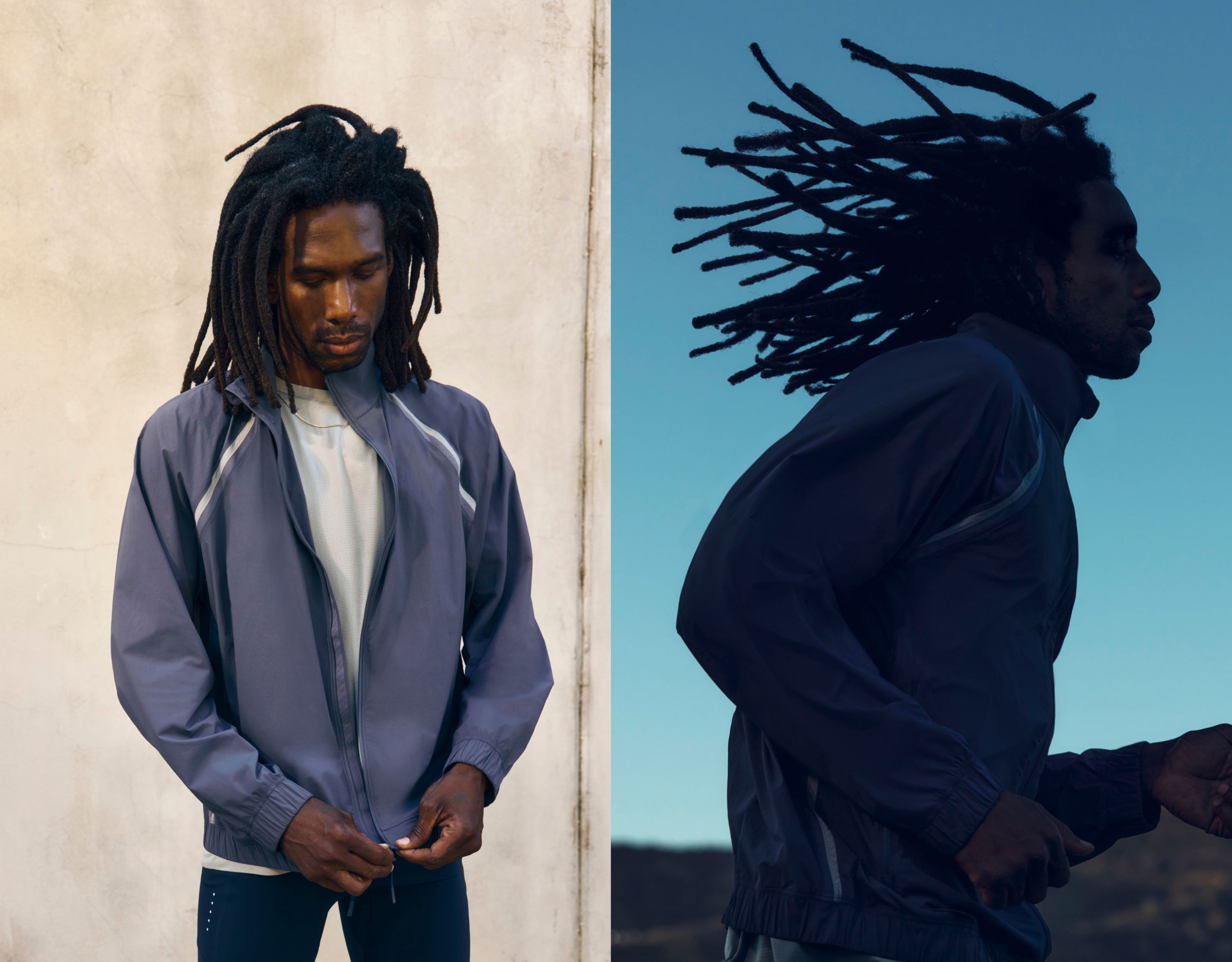 A split image of a person: the left image shows them standing in front of a beige building while zipping up their Pace Breaker Track Jacket *Glyde. The right image shows the person running fast at dusk in the Fast and Free Half Tight 8”. 