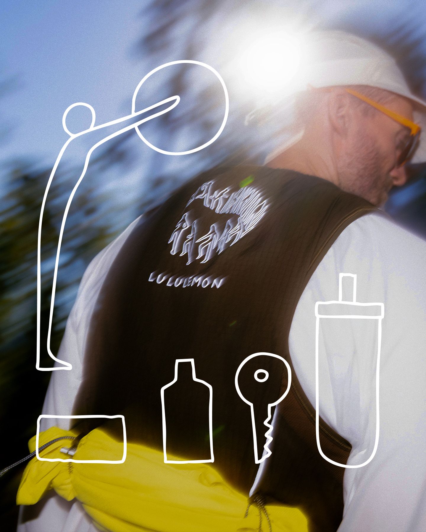 A person wears the lululemon x Geoff McFetridge collaboration featuring on-image drawings.