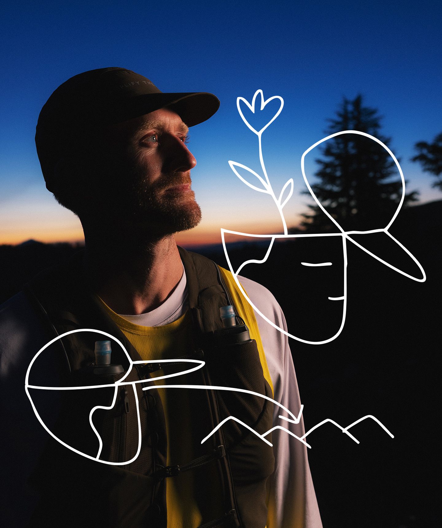 A person wears the lululemon x Geoff McFetridge collaboration featuring on-image drawings.