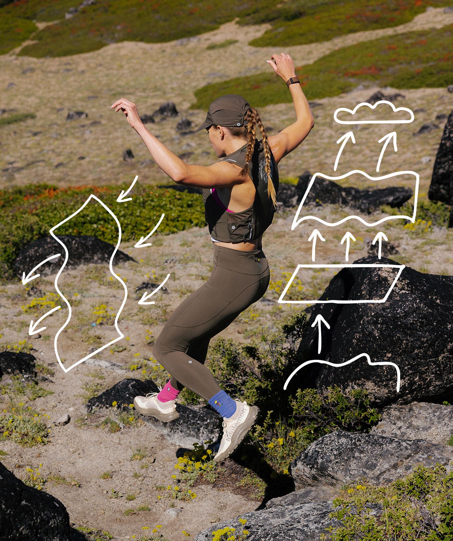 A person wears the lululemon x Geoff McFetridge collaboration featuring on-image drawings.