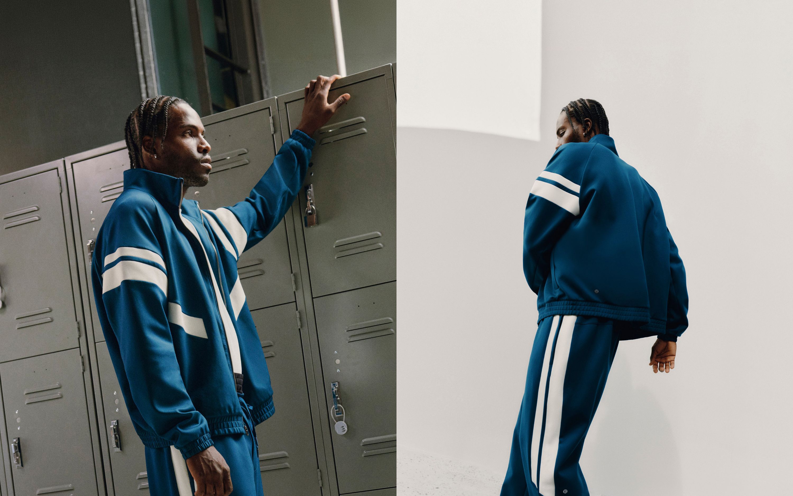 Two images. In both images, a person is wearing the Spacer Tracksuit.