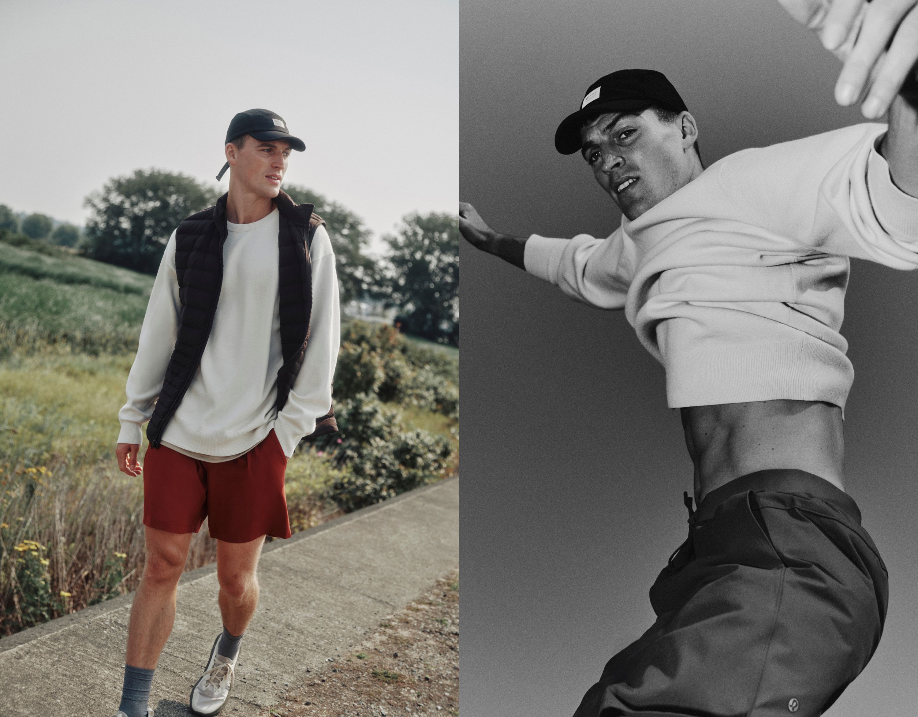 Two images. On the left, a person wears the Cotton-Blend Knit Long-Sleeve Crewneck, Zeroed In Short, and Navigation Down Vest. On the right, a person wears the Cotton-Blend Knit Long-Sleeve Crewneck and Zeroed In Short.