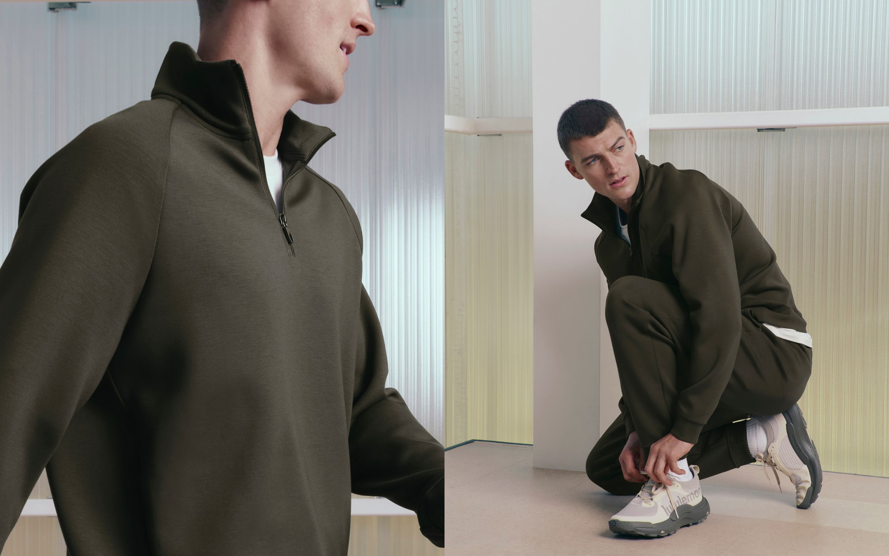 Split image. Left: A person wears the Smooth Spacer Quarter Zip. Right: A person ties their shoe while wearing the Smooth Spacer Jogger. 