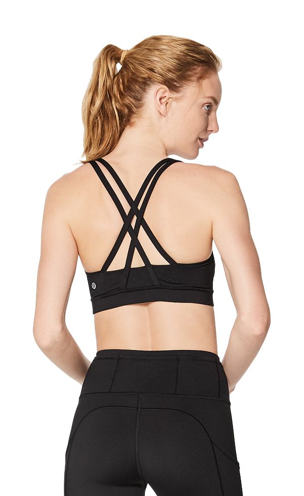The back of a woman wearing a black bra, featuring a strappy open back design. 