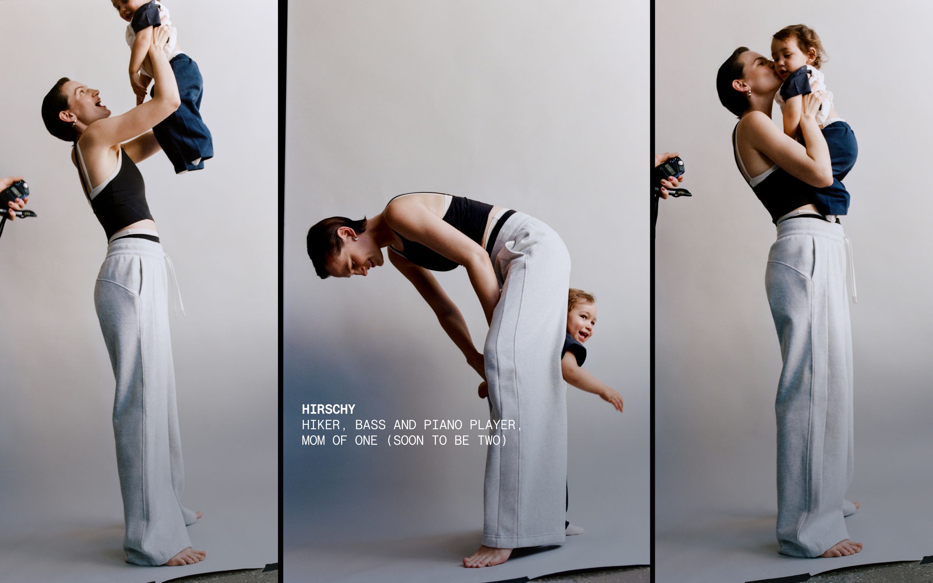 A triptych of a mom in the Scuba Wide-Leg Pant playing with her son. Text on image: Hirschy, Hiker, Bass and Piano Player, Mom of One (Soon to be Two)